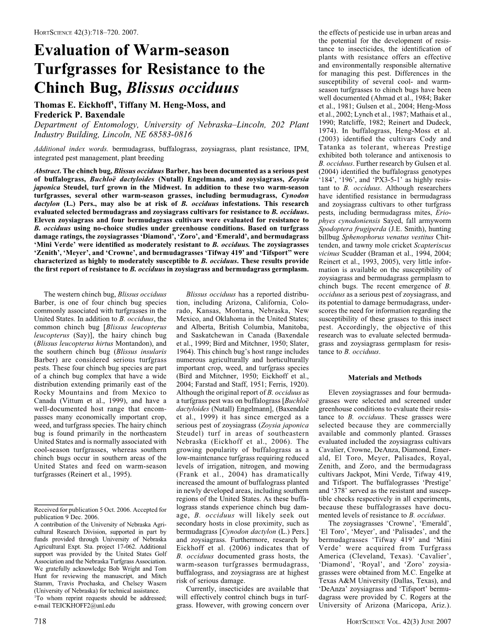 Evaluation of Warm-Season Turfgrasses for Resistance to The