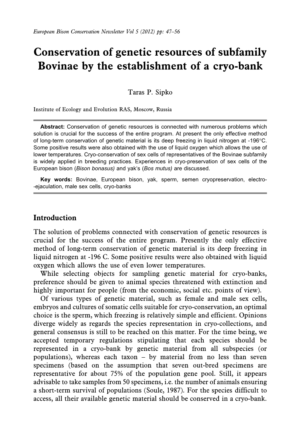 Conservation of Genetic Resources of Subfamily Bovinae by the Establishment of a Cryo-Bank