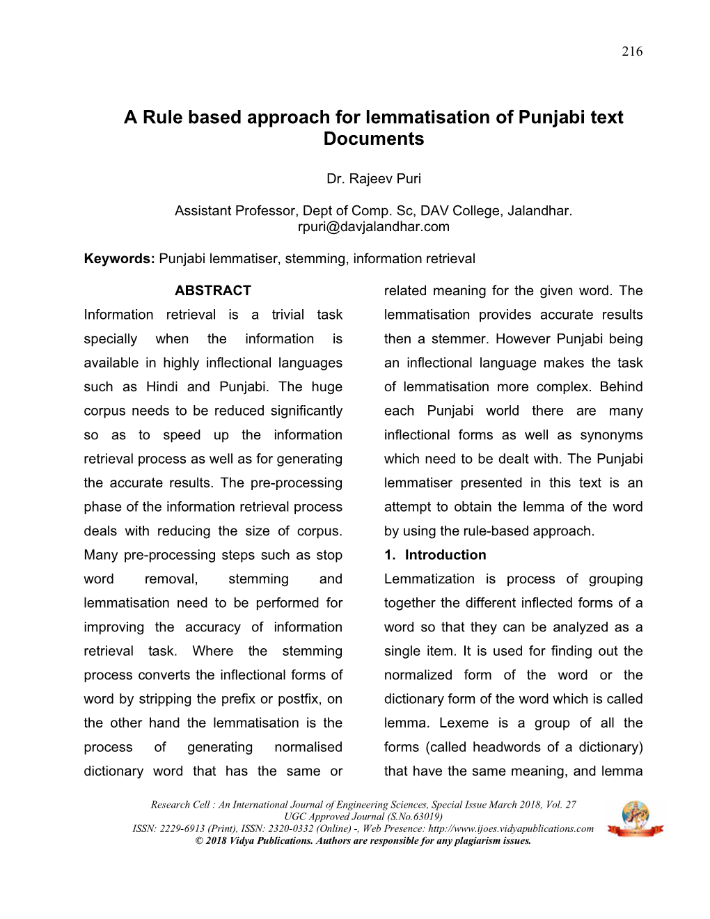 A Rule Based Approach for Lemmatisation of Punjabi Text Documents