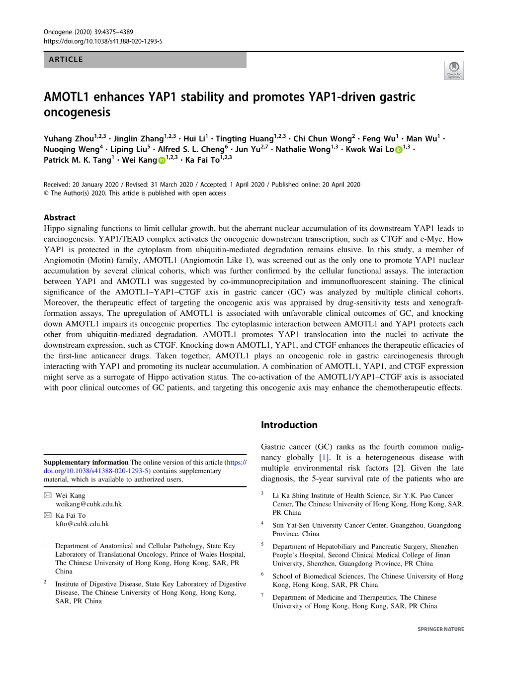 AMOTL1 Enhances YAP1 Stability and Promotes YAP1-Driven Gastric Oncogenesis