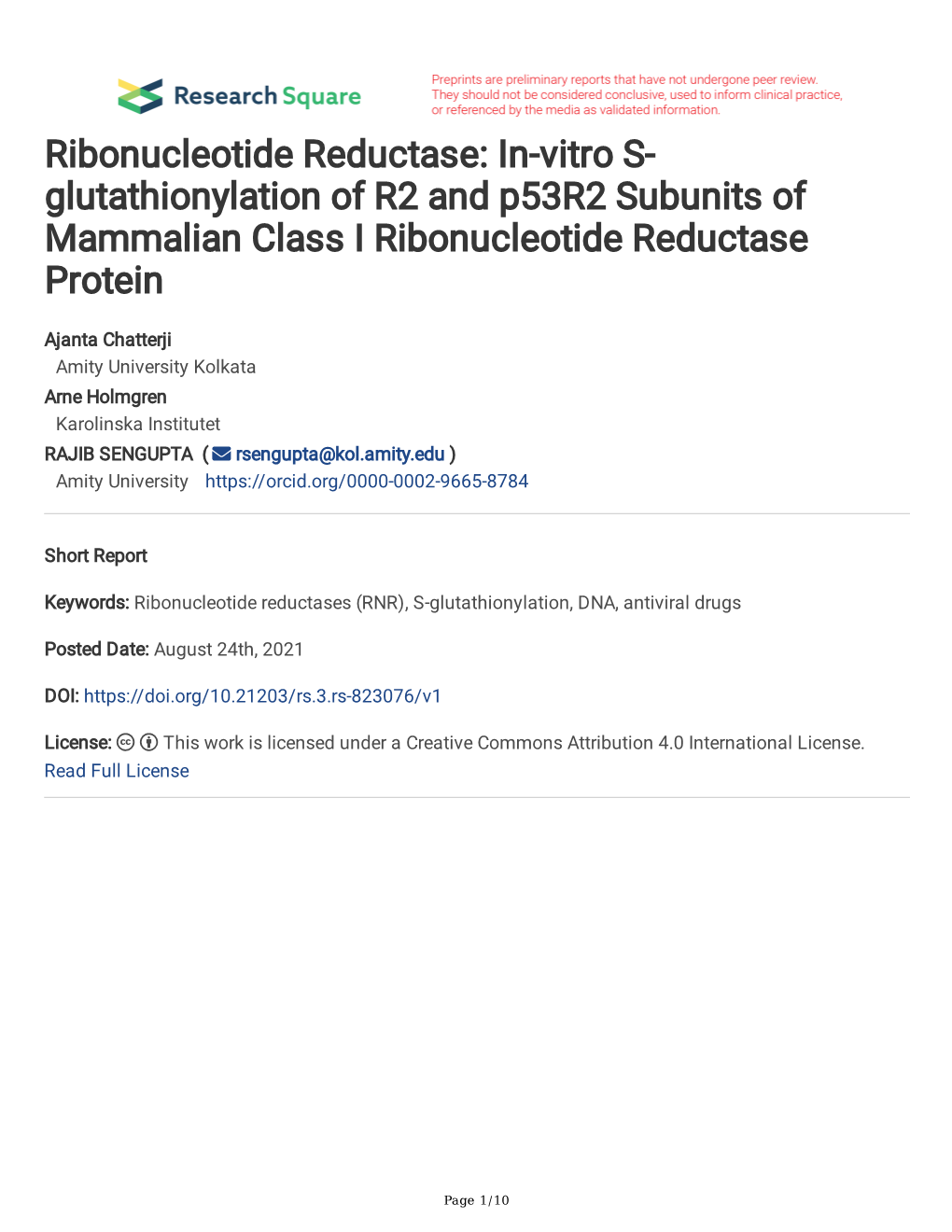 Ribonucleotide Reductase: In-Vitro S- Glutathionylation of R2 and P53r2 Subunits of Mammalian Class I Ribonucleotide Reductase Protein