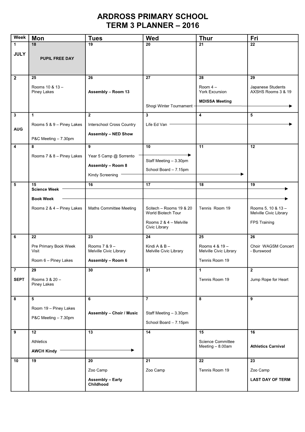 Ardross Primary School Term 4 Planner