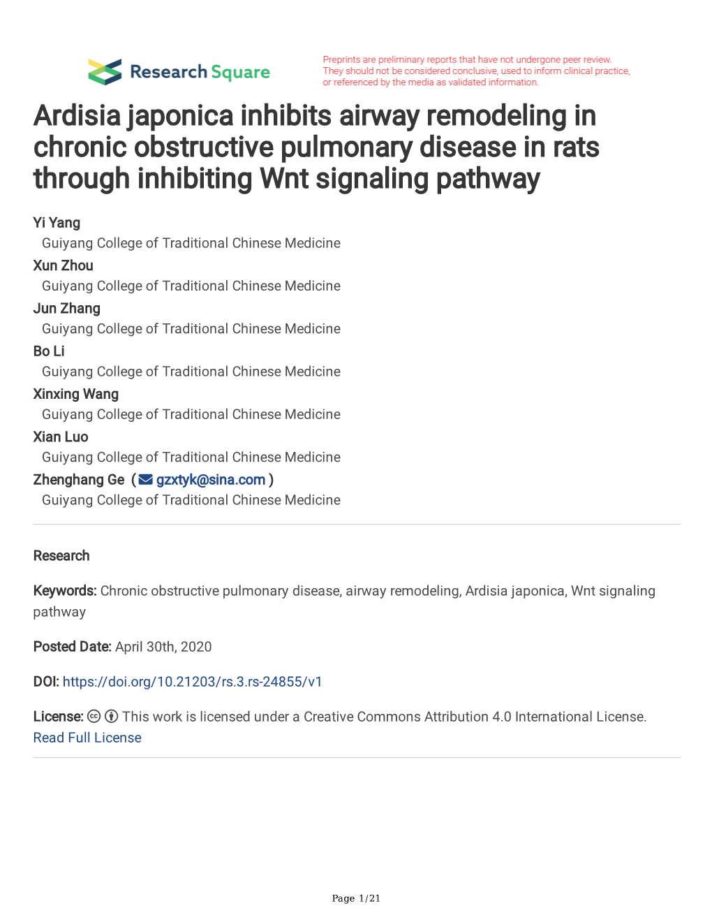 Ardisia Japonica Inhibits Airway Remodeling in Chronic Obstructive Pulmonary Disease in Rats Through Inhibiting Wnt Signaling Pathway