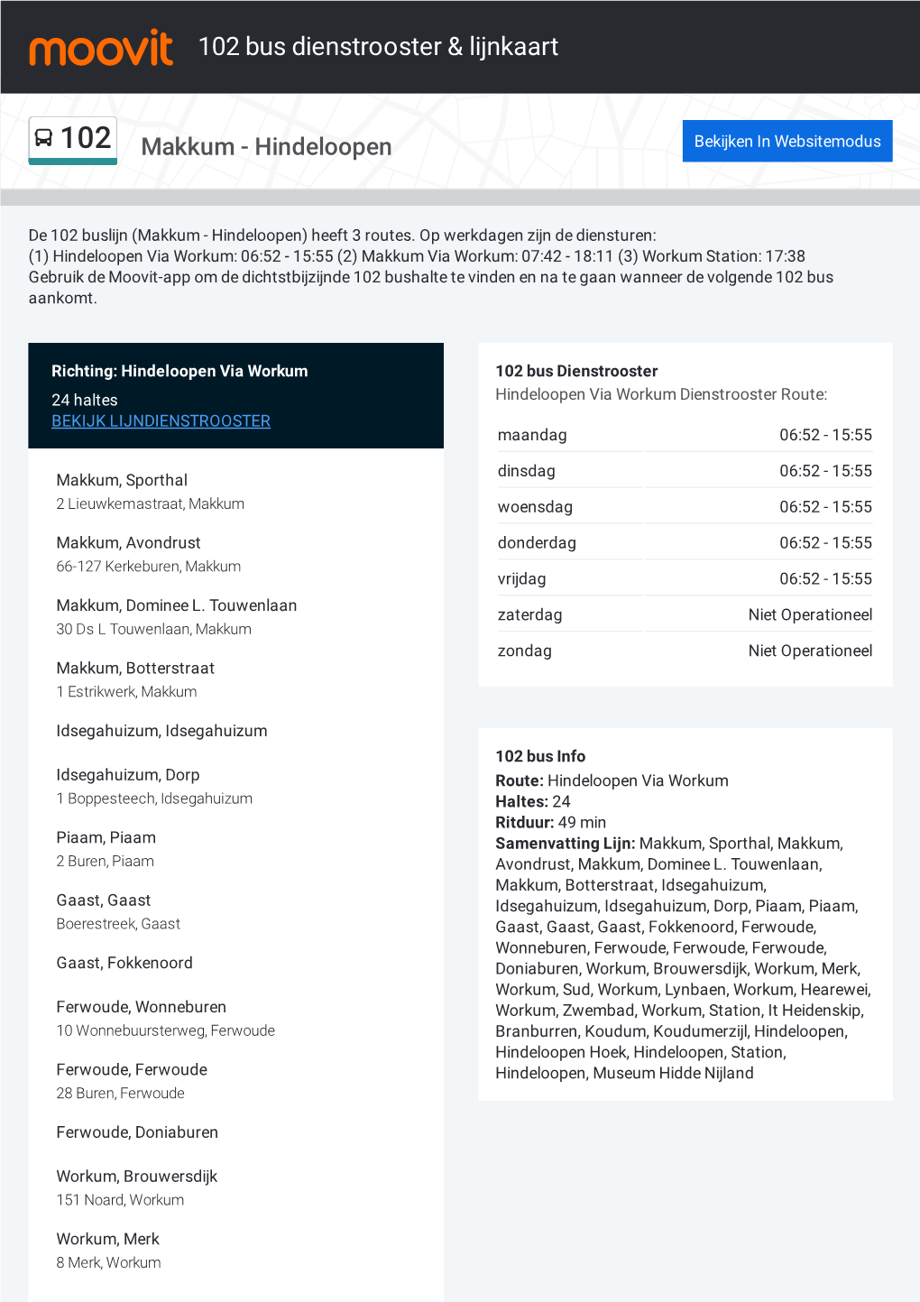 102 Bus Dienstrooster & Lijnroutekaart