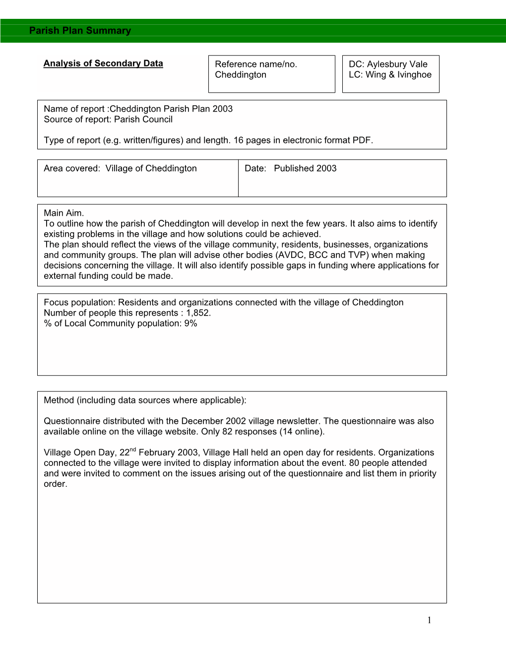 Parish Plan Summary 1