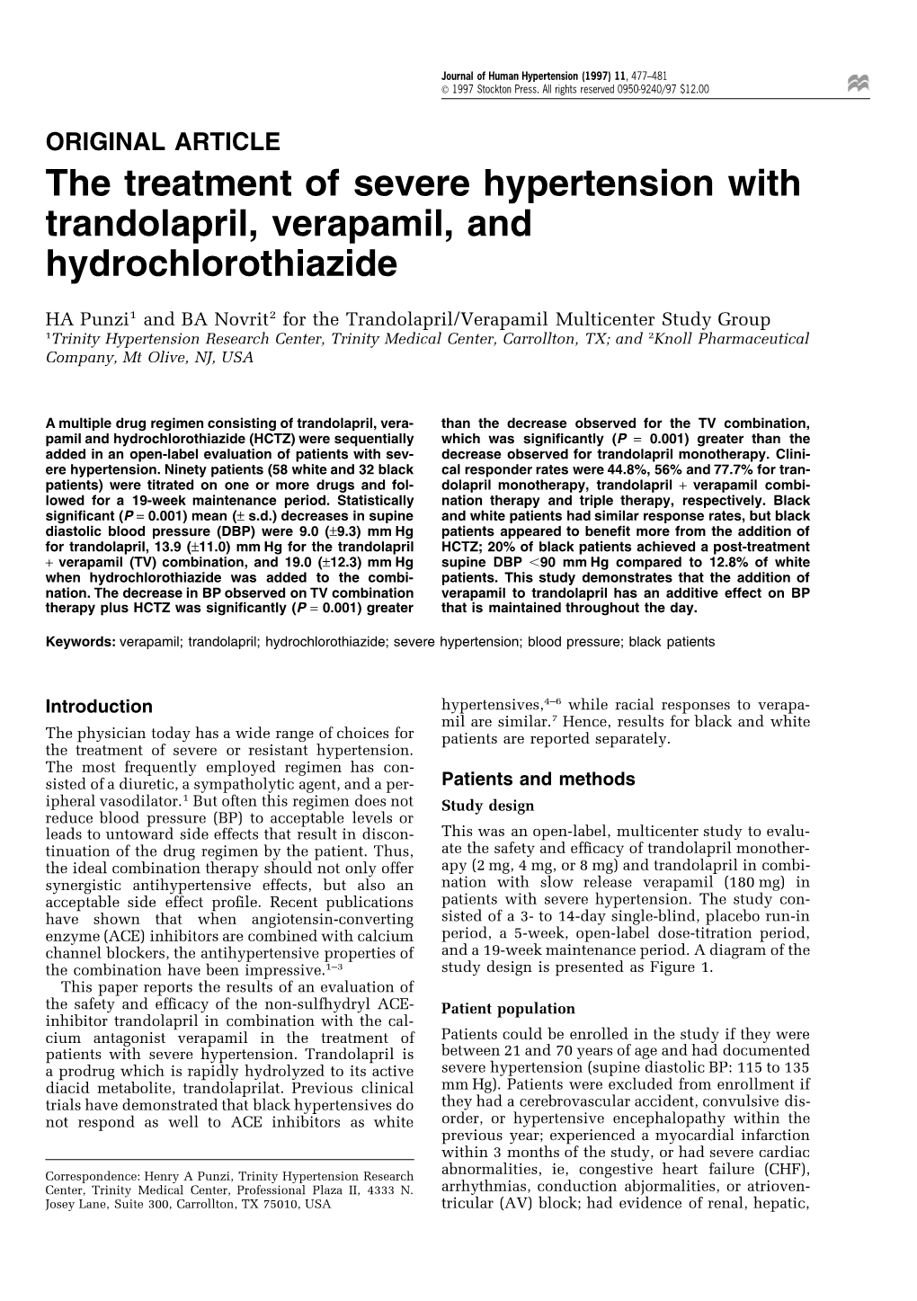 The Treatment of Severe Hypertension with Trandolapril, Verapamil, and Hydrochlorothiazide