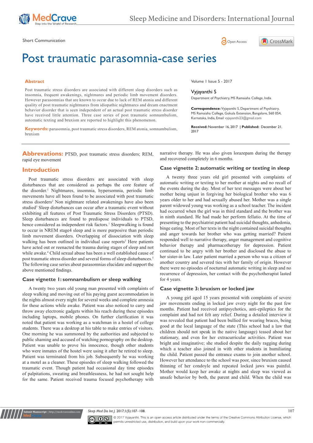 Post Traumatic Parasomnia-Case Series