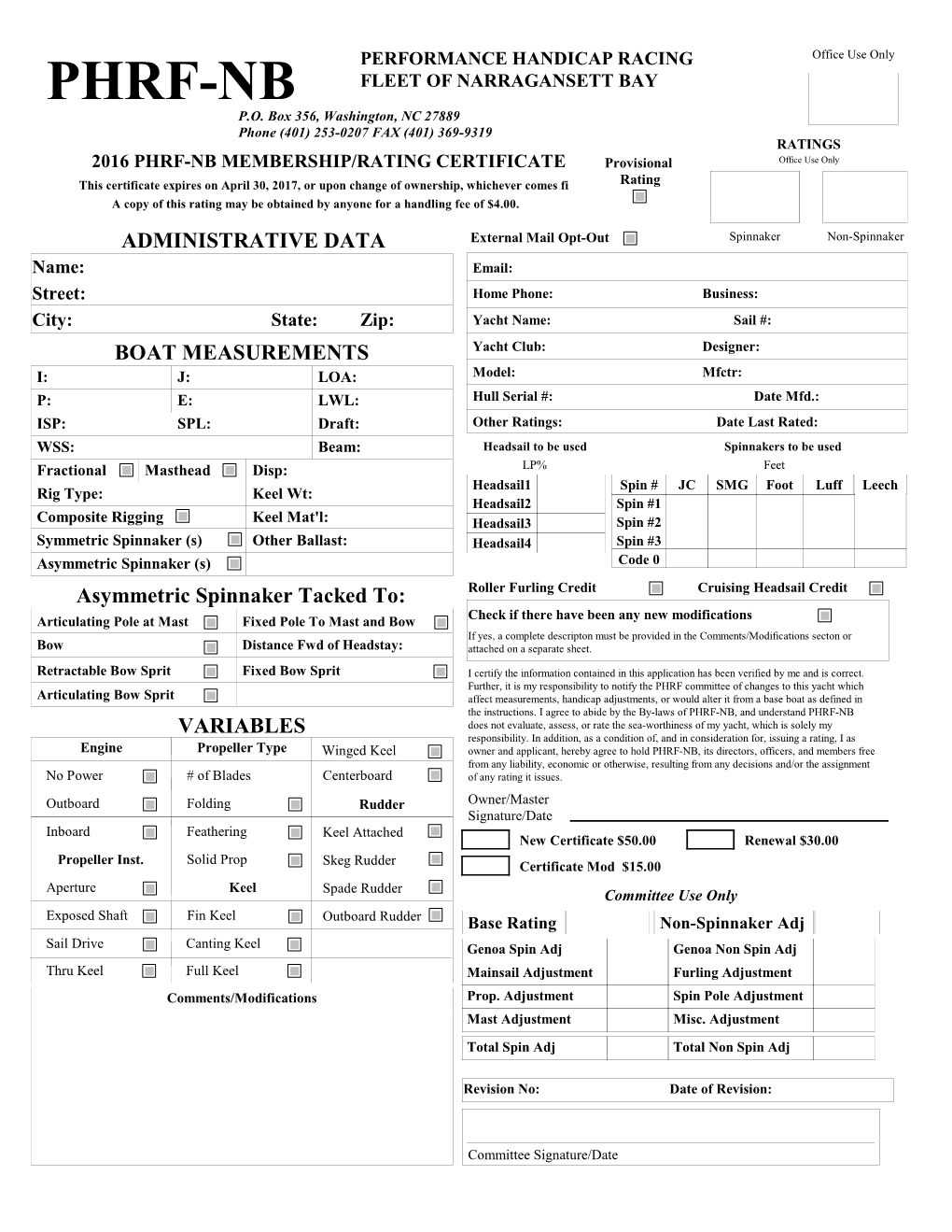 2016 PHRF Certificate Form