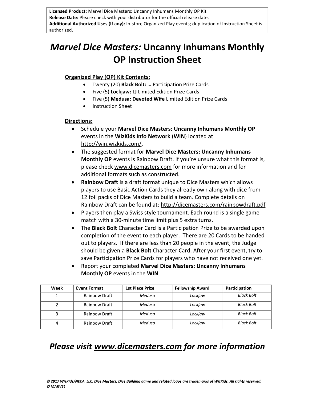 Marvel Dice Masters: Uncanny Inhumans Monthly OP Instruction Sheet