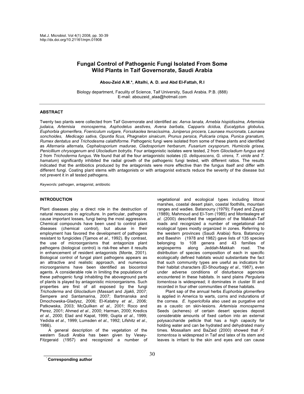 30 Fungal Control of Pathogenic Fungi Isolated from Some Wild Plants in Taif Governorate, Saudi Arabia