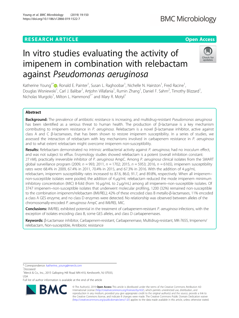 In Vitro Studies Evaluating the Activity of Imipenem in Combination with Relebactam Against Pseudomonas Aeruginosa Katherine Young1* , Ronald E