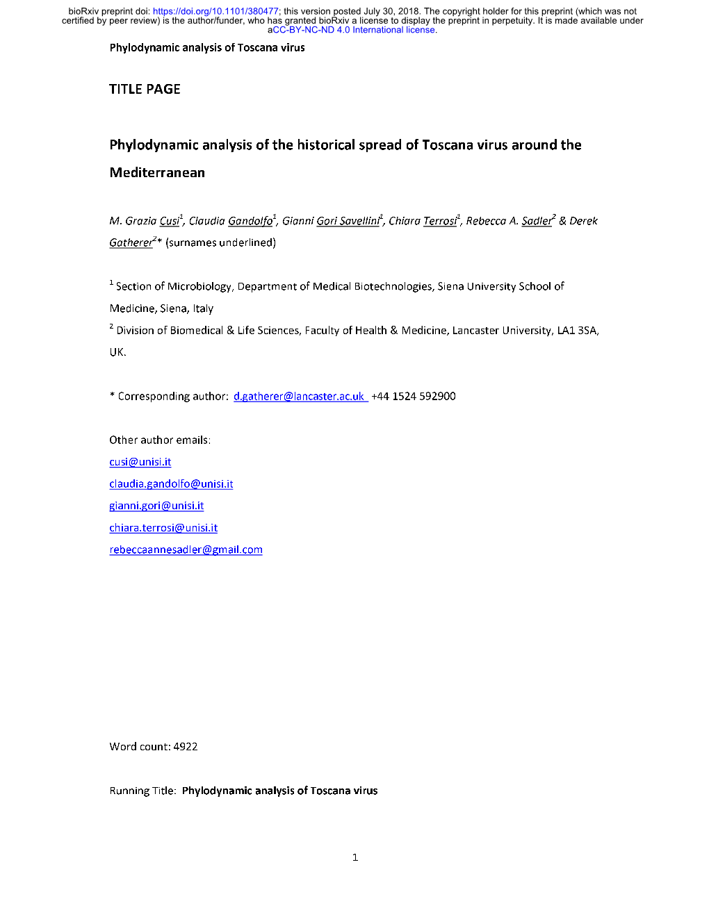 TITLE PAGE Phylodynamic Analysis of the Historical