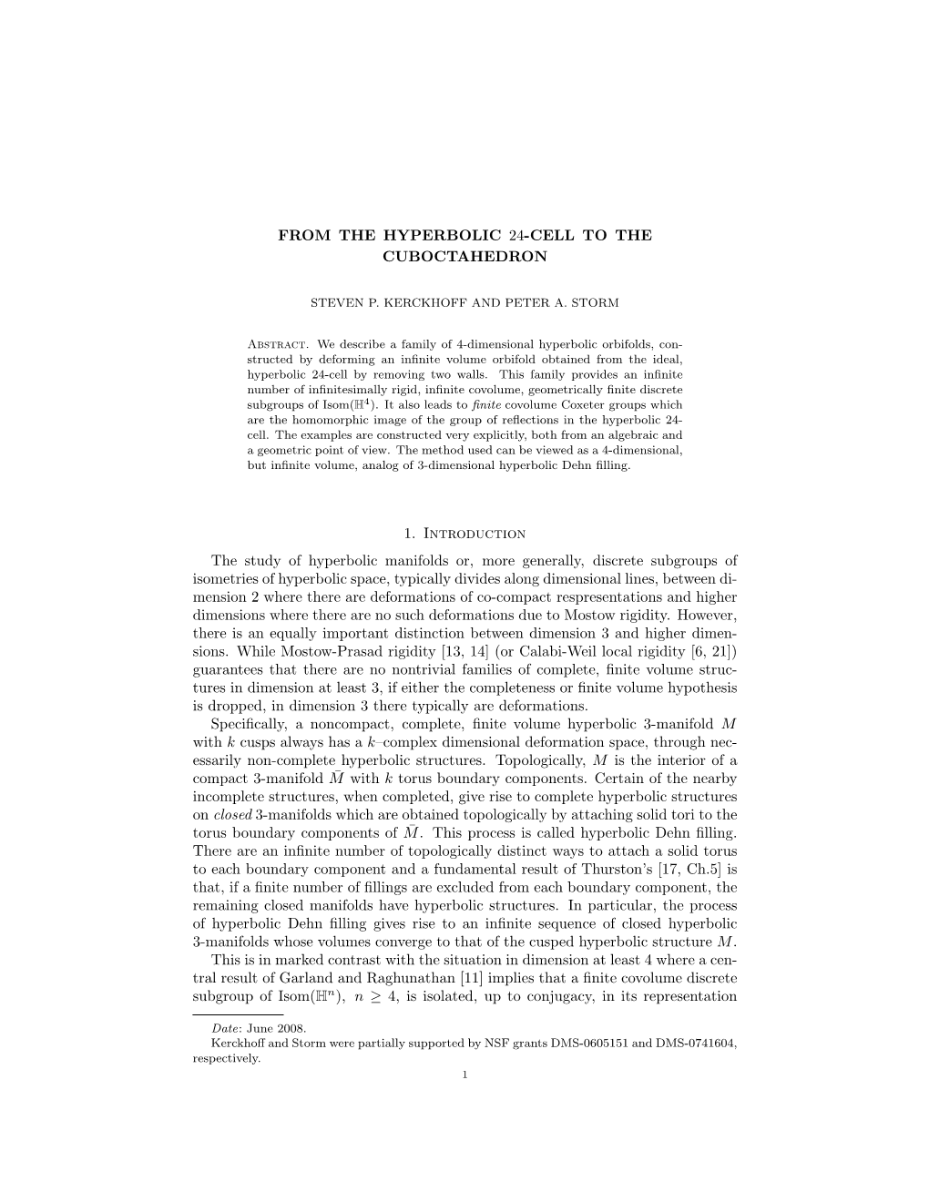 FROM the HYPERBOLIC 24-CELL to the CUBOCTAHEDRON 11 Has Been Much Studied