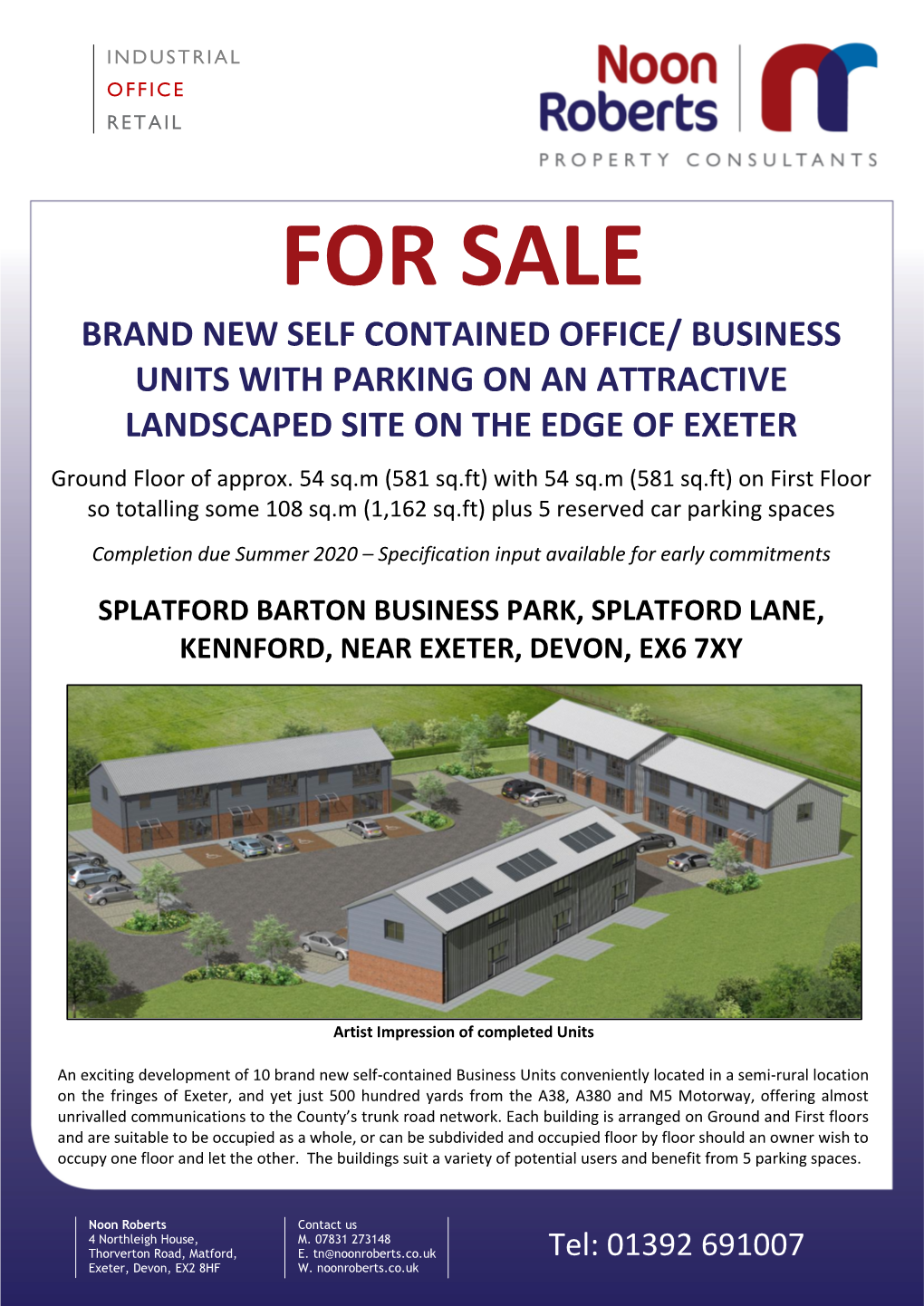 FOR SALE BRAND NEW SELF CONTAINED OFFICE/ BUSINESS UNITS with PARKING on an ATTRACTIVE LANDSCAPED SITE on the EDGE of EXETER Ground Floor of Approx