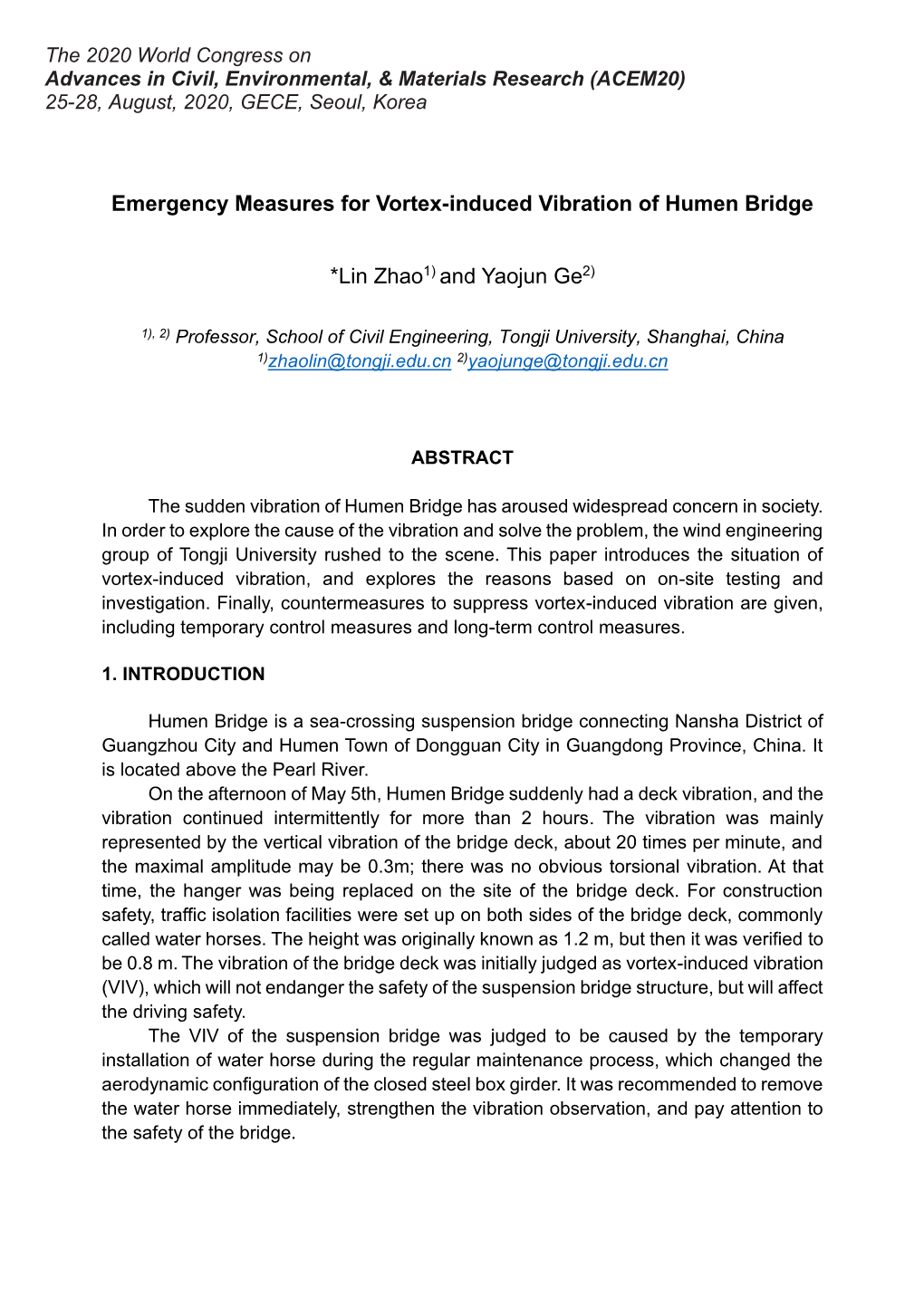 Emergency Measures for Vortex-Induced Vibration of Humen Bridge