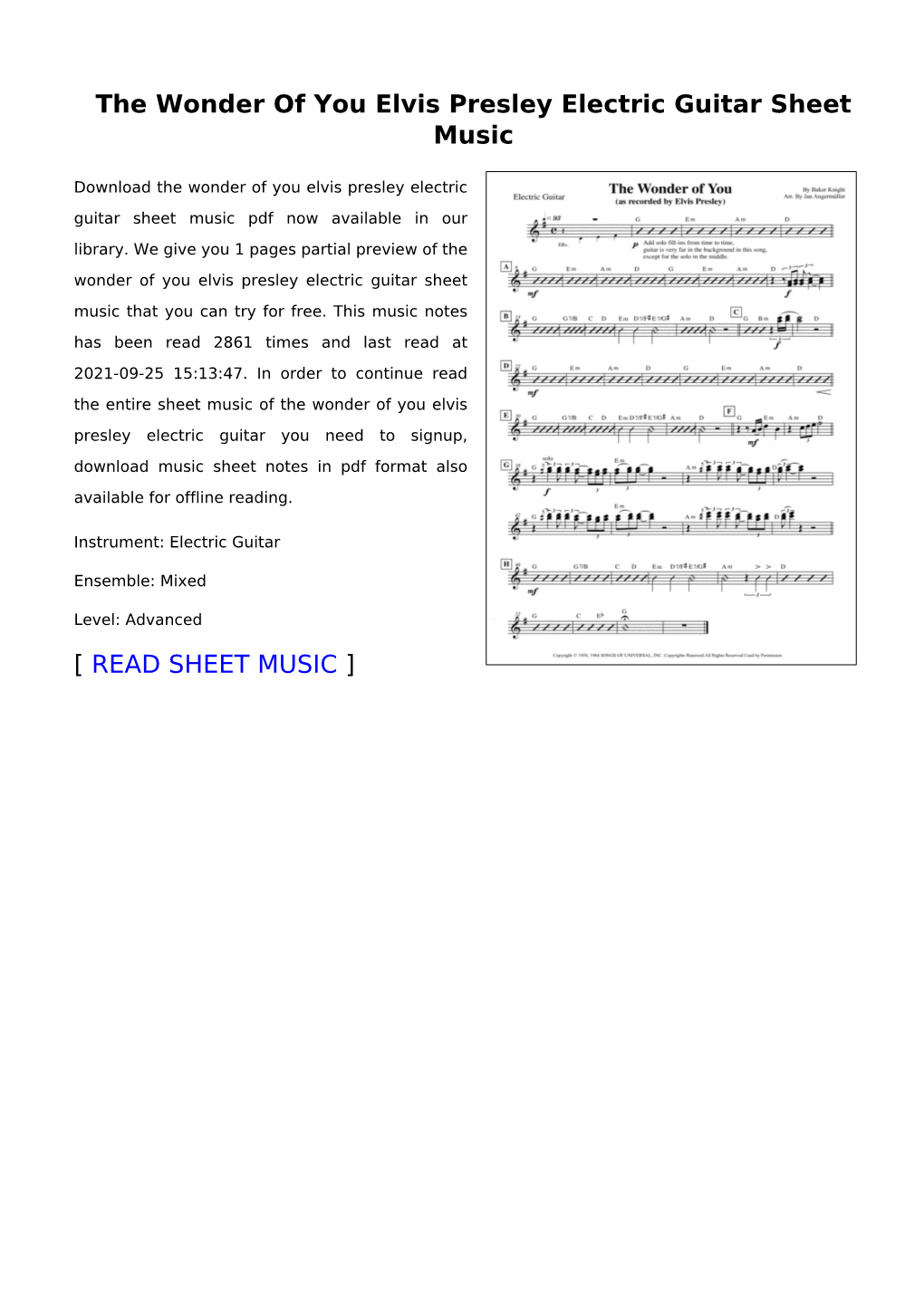 The Wonder of You Elvis Presley Electric Guitar Sheet Music