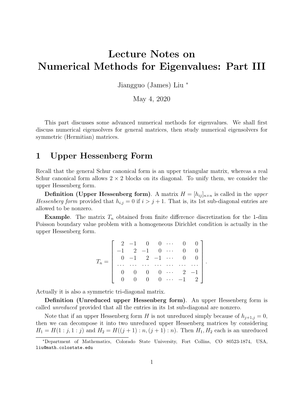 Lecture Notes on Numerical Methods for Eigenvalues: Part III