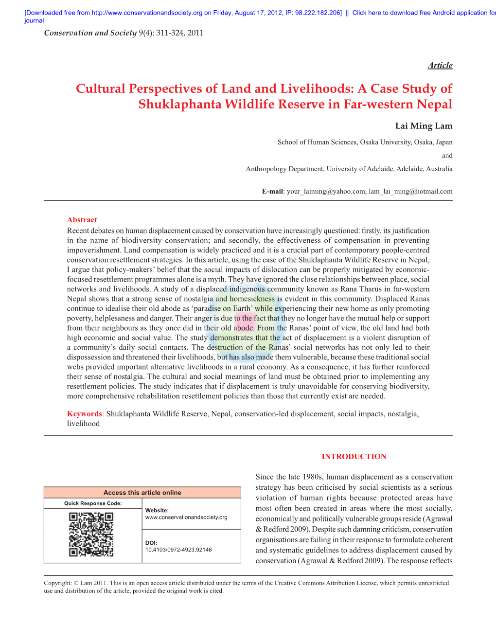 Cultural Perspectives of Land and Livelihoods: a Case Study of Shuklaphanta Wildlife Reserve in Far-Western Nepal