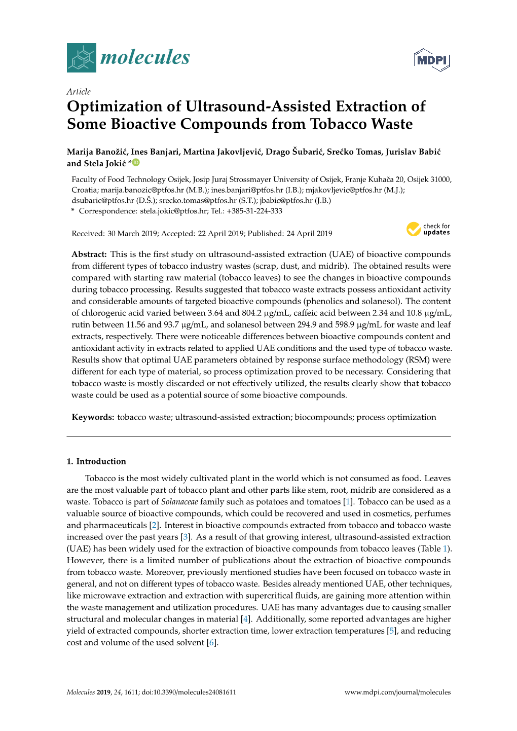 Optimization of Ultrasound-Assisted Extraction of Some Bioactive Compounds from Tobacco Waste