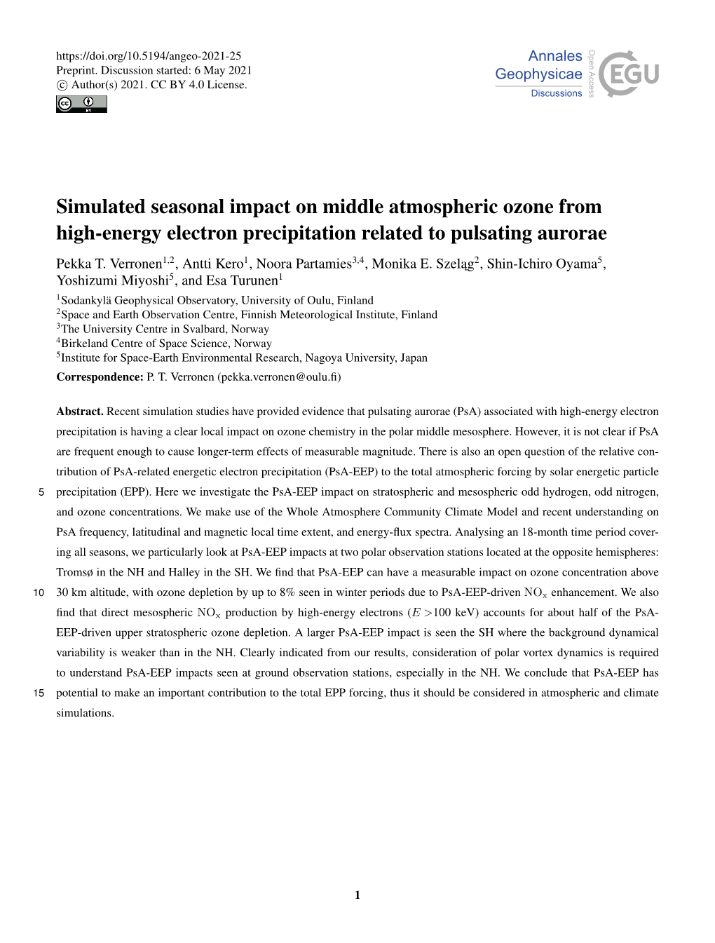 Simulated Seasonal Impact on Middle Atmospheric Ozone from High-Energy Electron Precipitation Related to Pulsating Aurorae Pekka T