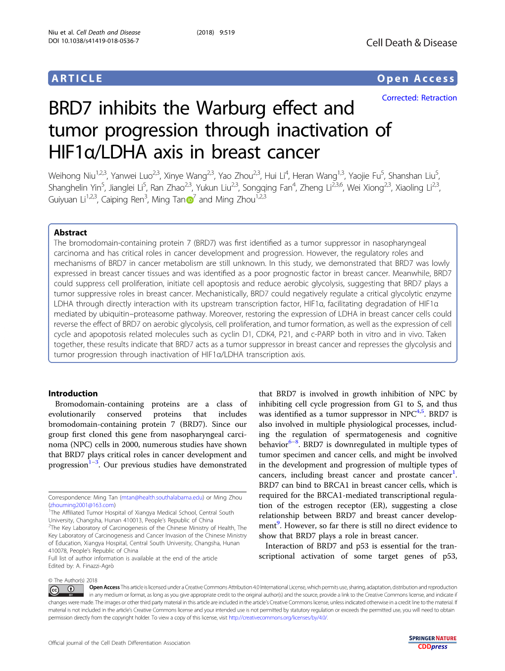 BRD7 Inhibits the Warburg Effect and Tumor Progression Through