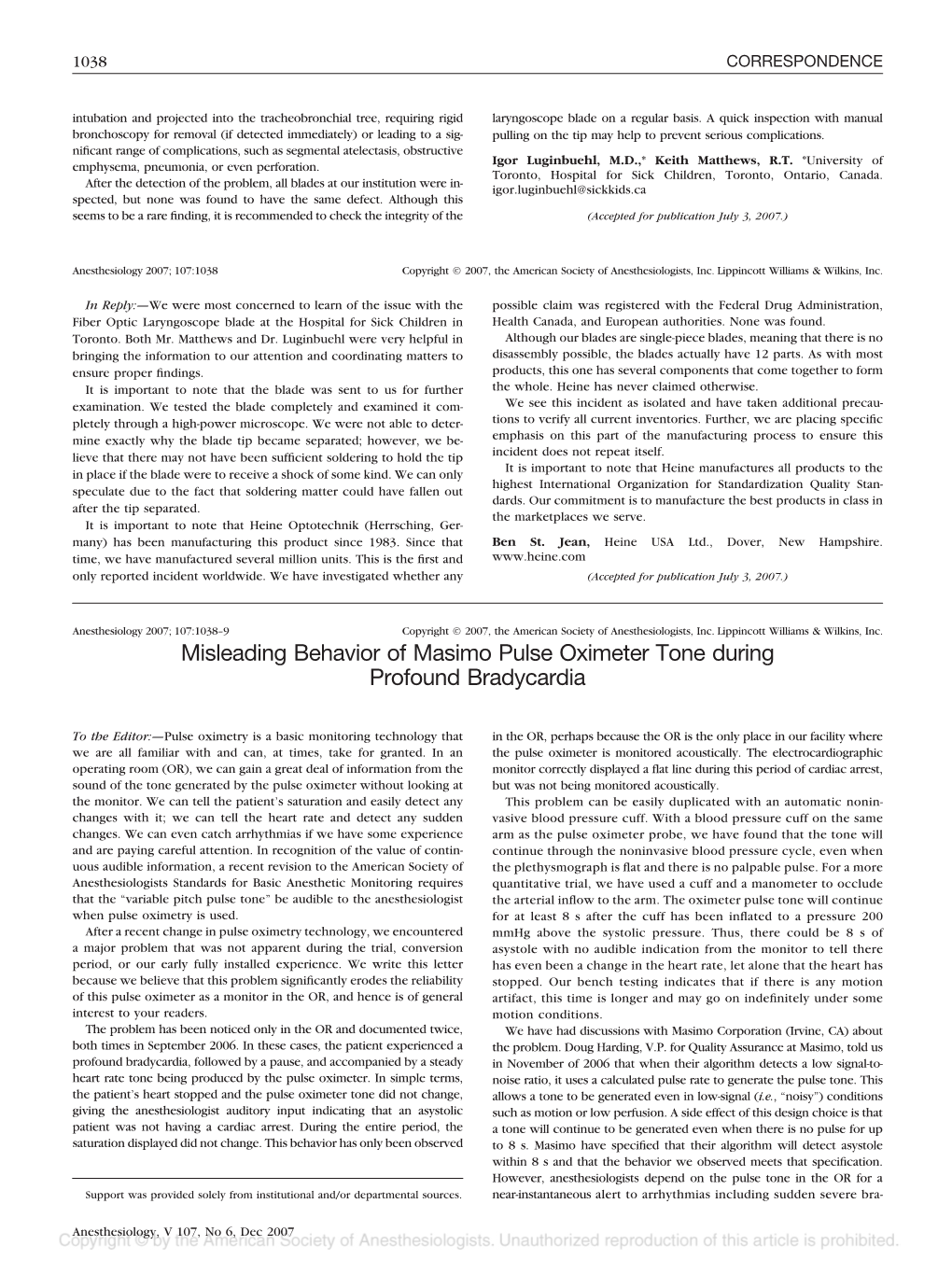 Misleading Behavior of Masimo Pulse Oximeter Tone During Profound Bradycardia