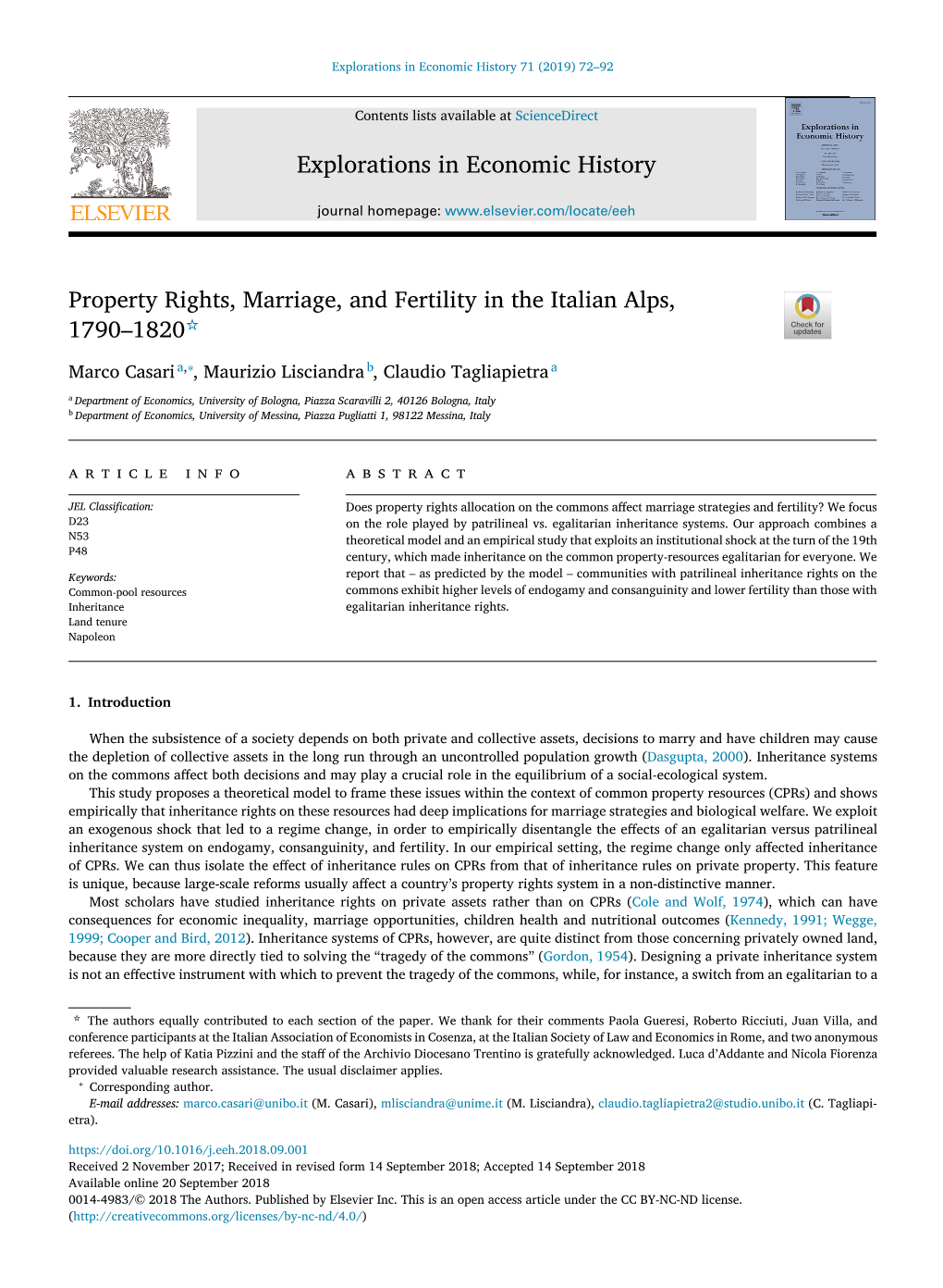 Property Rights, Marriage, and Fertility in the Italian Alps, 1790-1820