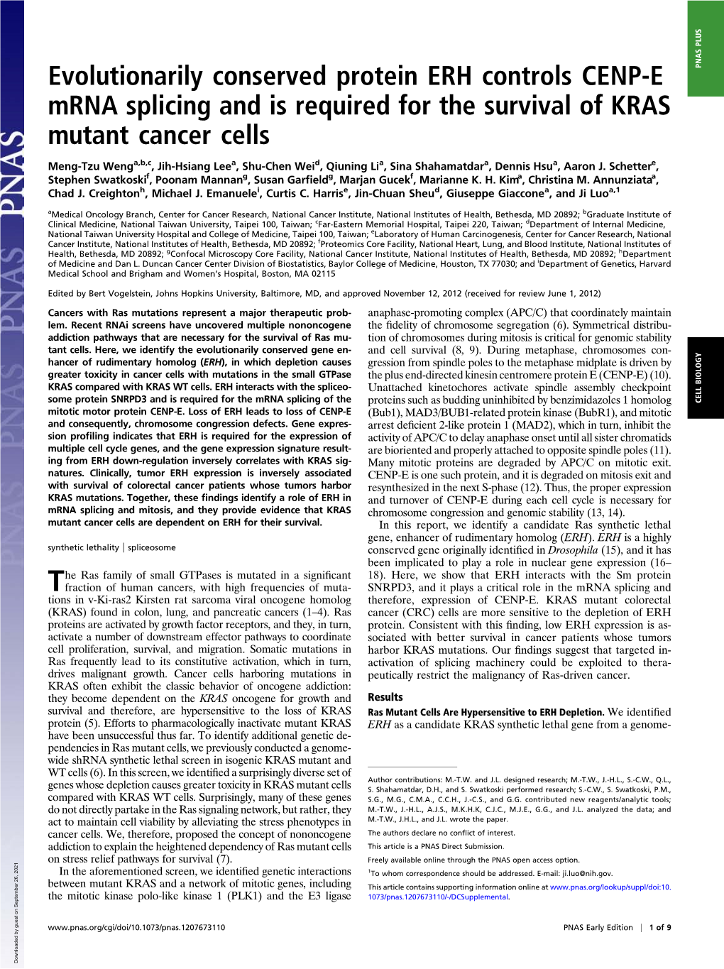 Evolutionarily Conserved Protein ERH Controls CENP-E Mrna Splicing and Is Required for the Survival of KRAS Mutant Cancer Cells