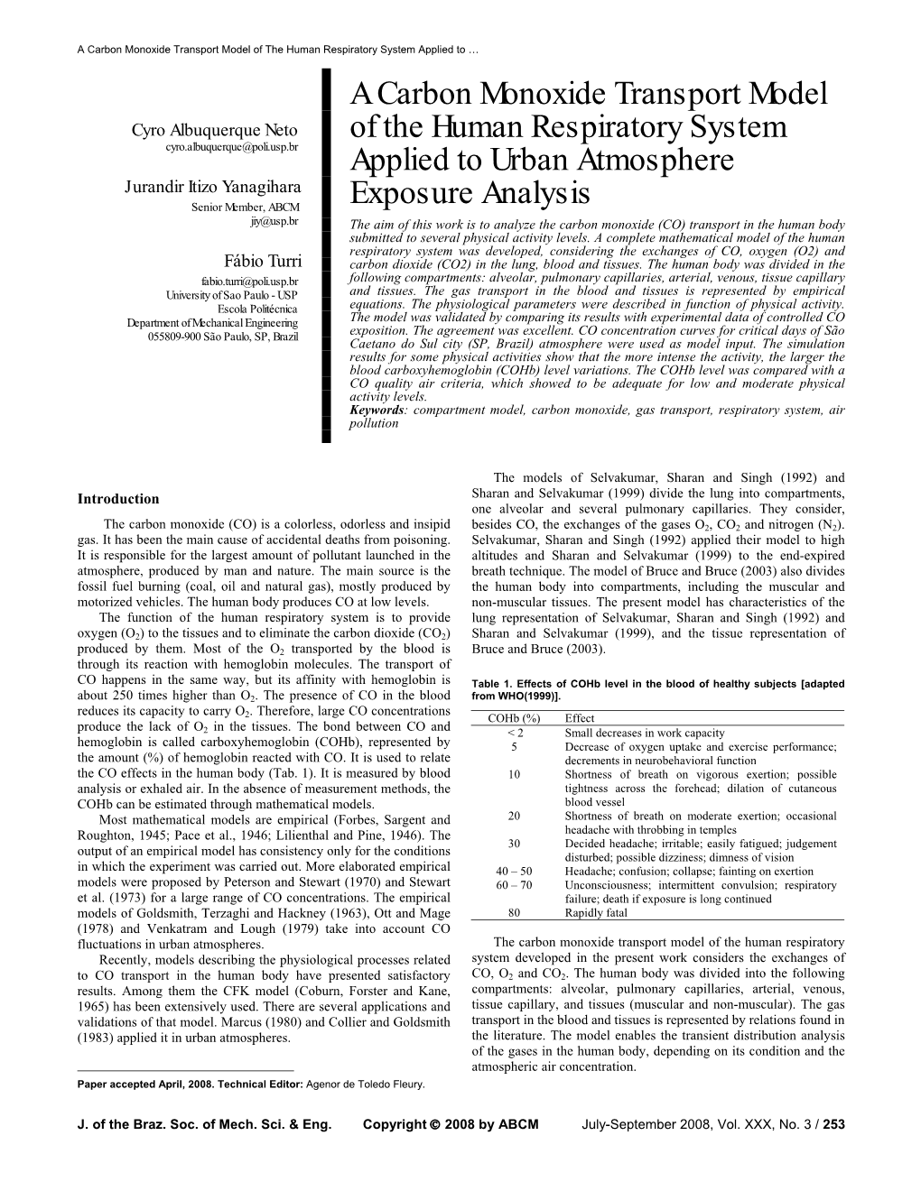 A Carbon Monoxide Transport Model of the Human Respiratory System Applied to …