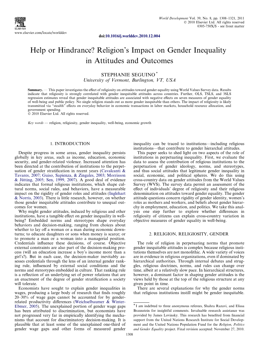 Religion's Impact on Gender Inequality in Attitudes and Outcomes