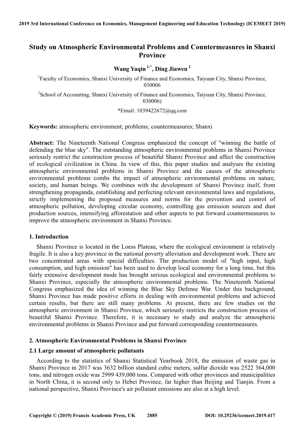 Study on Atmospheric Environmental Problems and Countermeasures in Shanxi Province