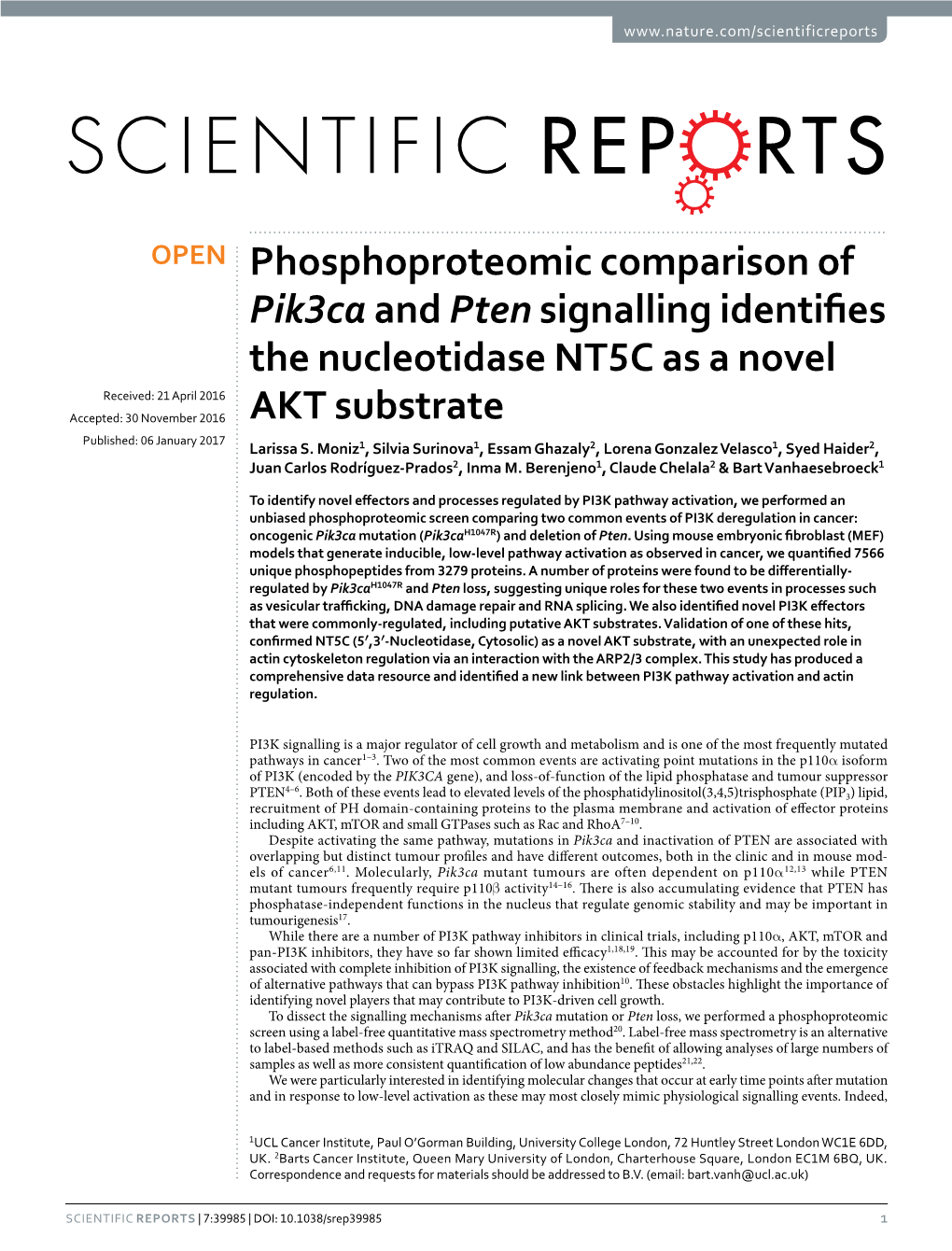Phosphoproteomic Comparison of Pik3ca and Pten Signalling