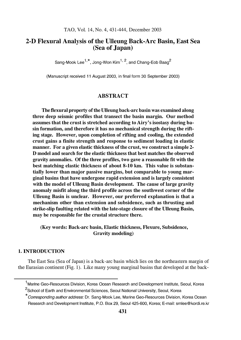 2-D Flexural Analysis of the Ulleung Back-Arc Basin, East Sea (Sea of Japan)