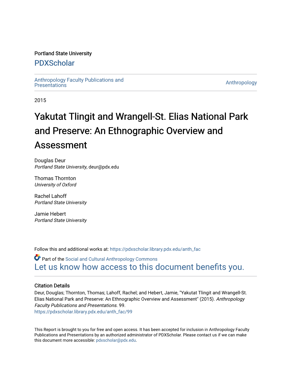 Yakutat Tlingit and Wrangell-St. Elias National Park and Preserve: an Ethnographic Overview and Assessment