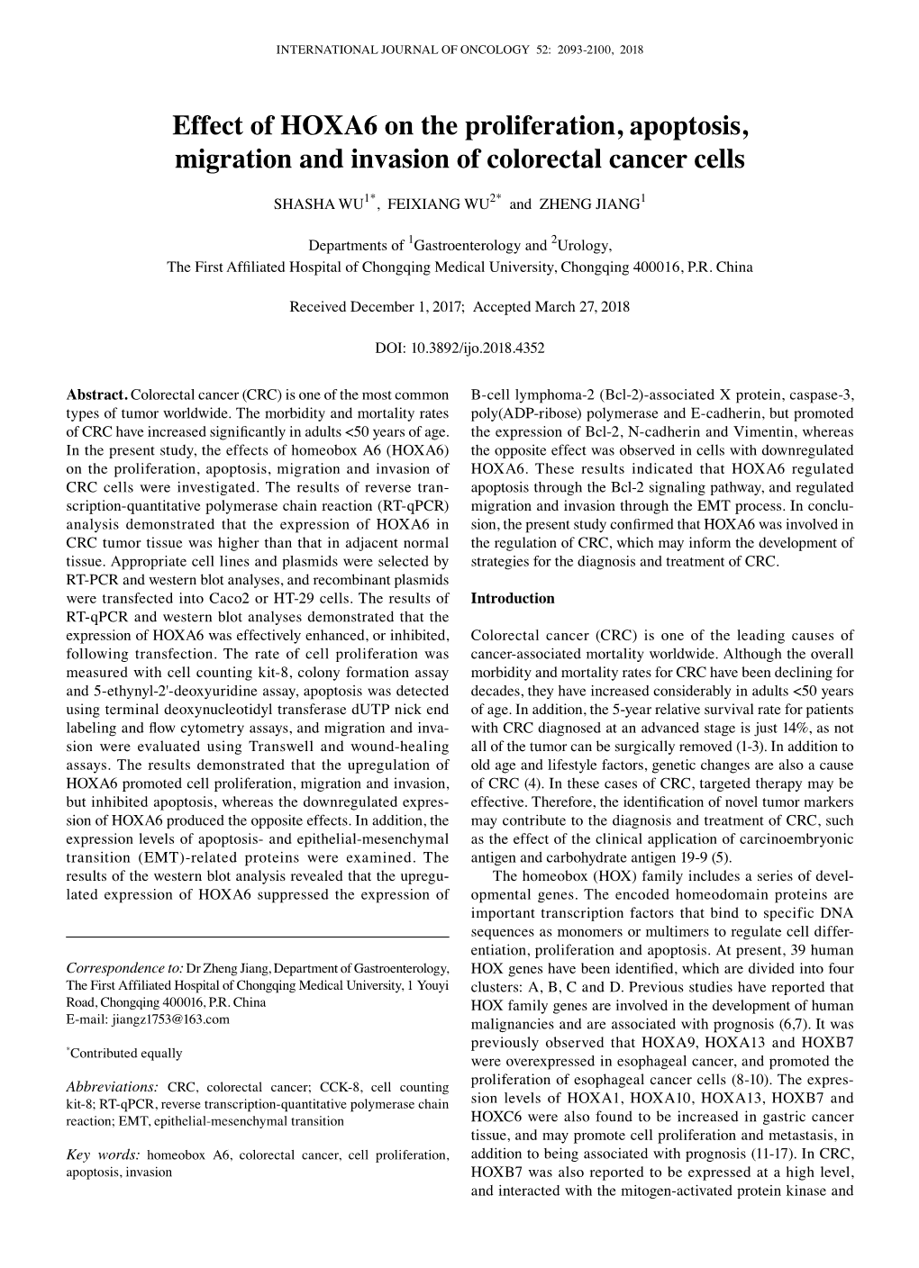 Effect of HOXA6 on the Proliferation, Apoptosis, Migration and Invasion of Colorectal Cancer Cells