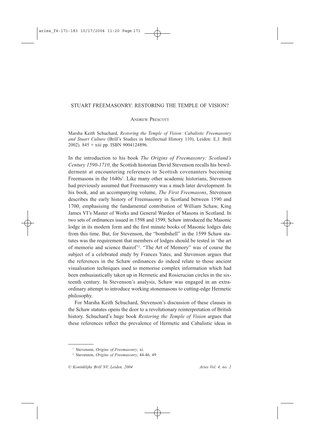 Stuart Freemasonry: Restoring the Temple of Vision? Andrew Prescott