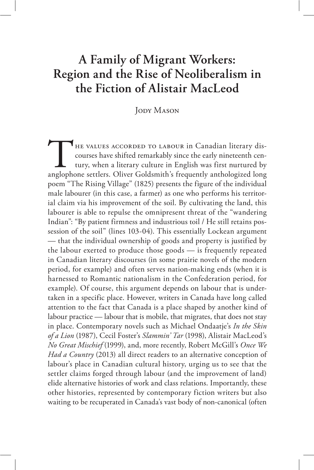 Region and the Rise of Neoliberalism in the Fiction of Alistair Macleod