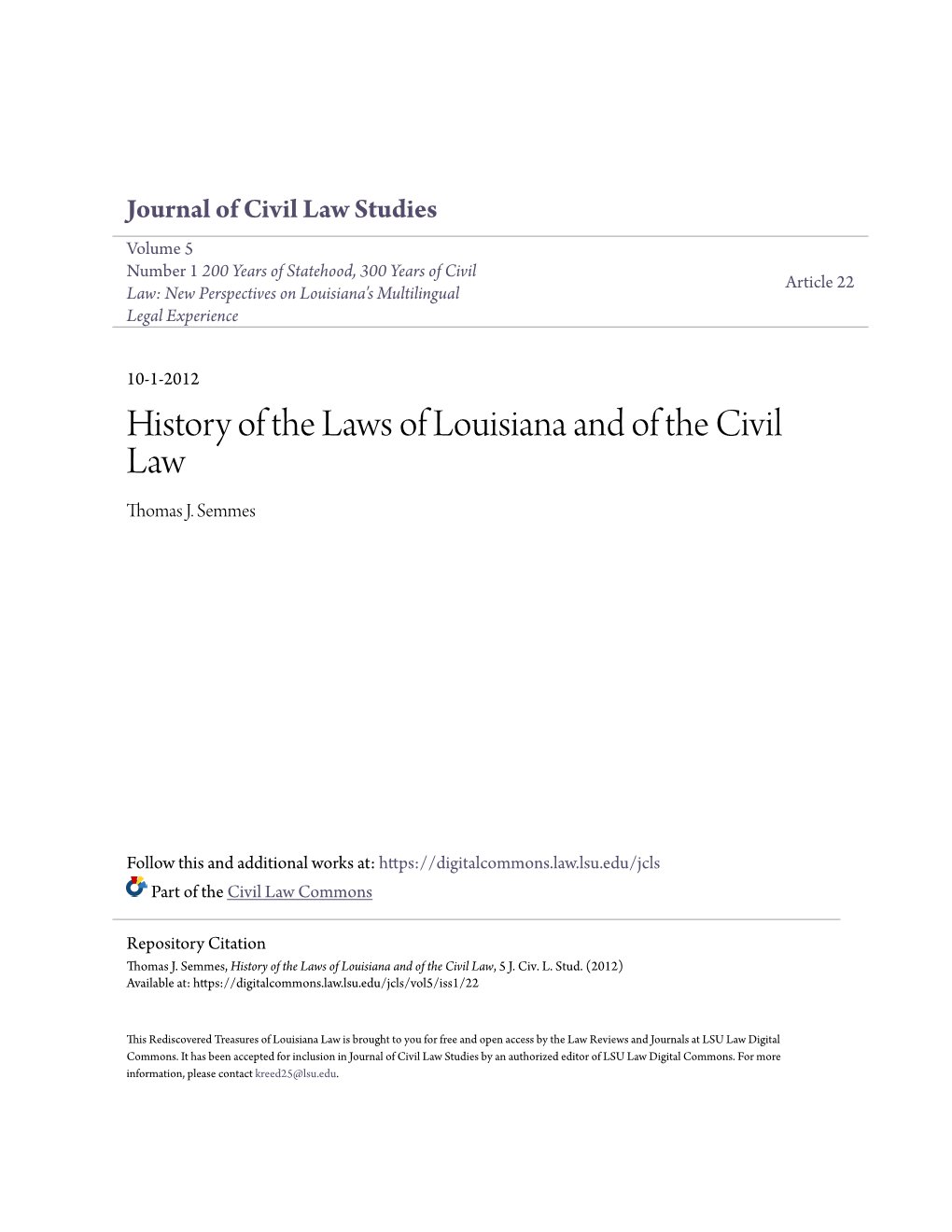 History of the Laws of Louisiana and of the Civil Law Thomas J