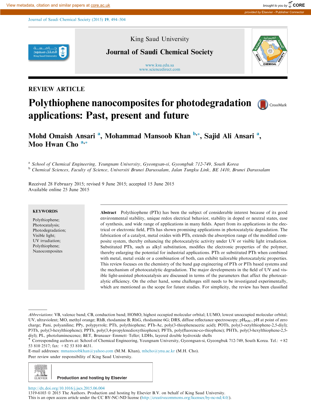 Polythiophene Nanocomposites for Photodegradation Applications: Past, Present and Future