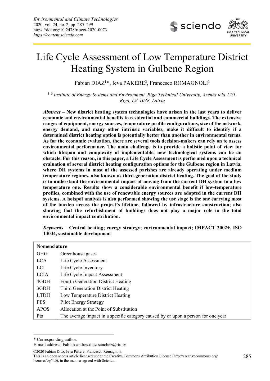 Life Cycle Assessment of Low Temperature District Heating System in Gulbene Region