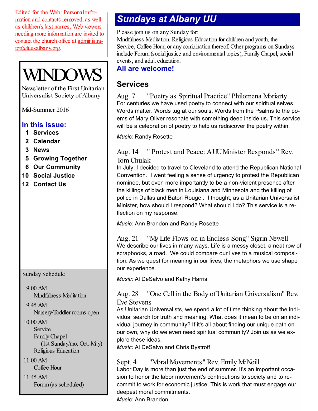 WINDOWS Services Newsletter of the First Unitarian Universalist Society of Albany Aug