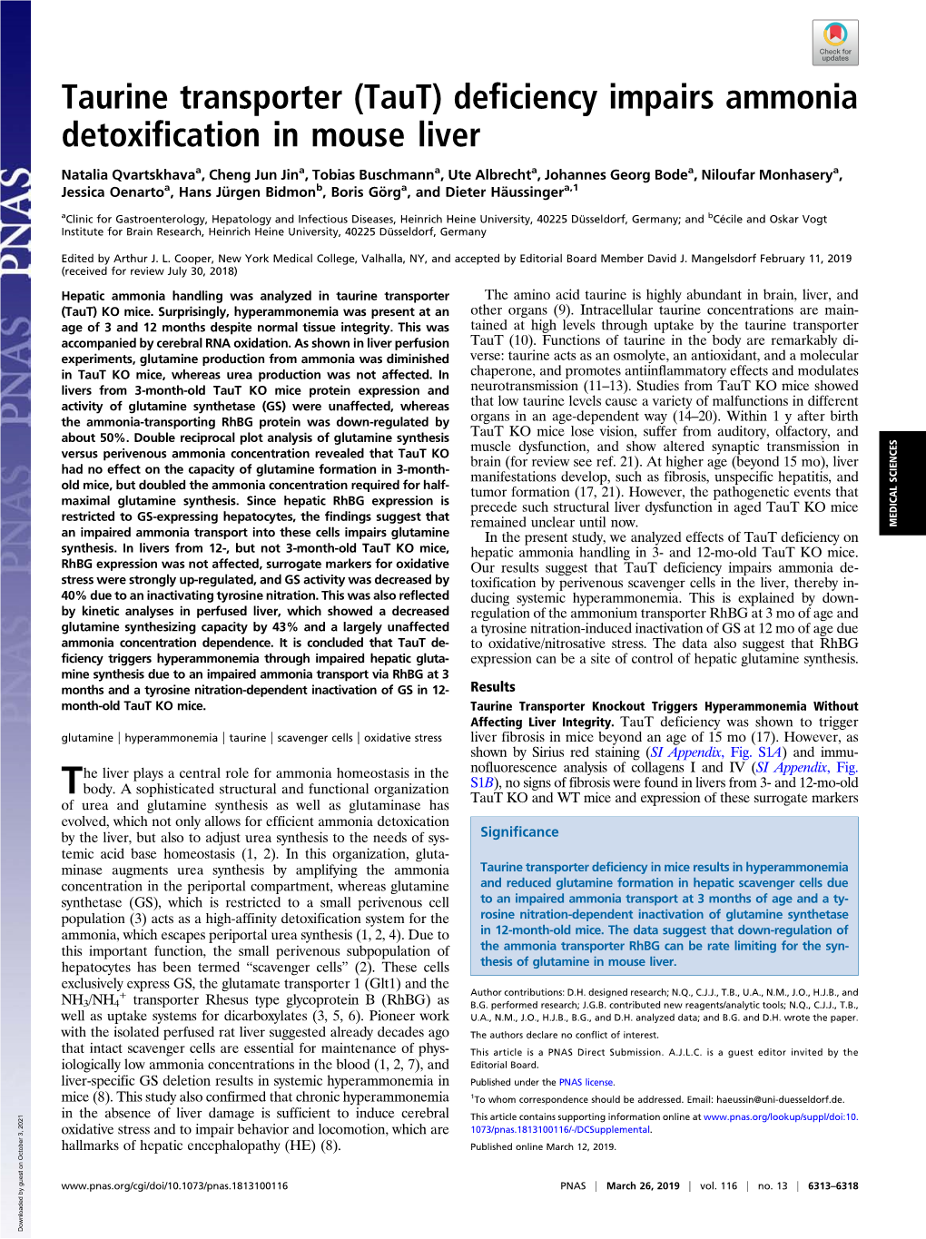 Taut) Deficiency Impairs Ammonia Detoxification in Mouse Liver