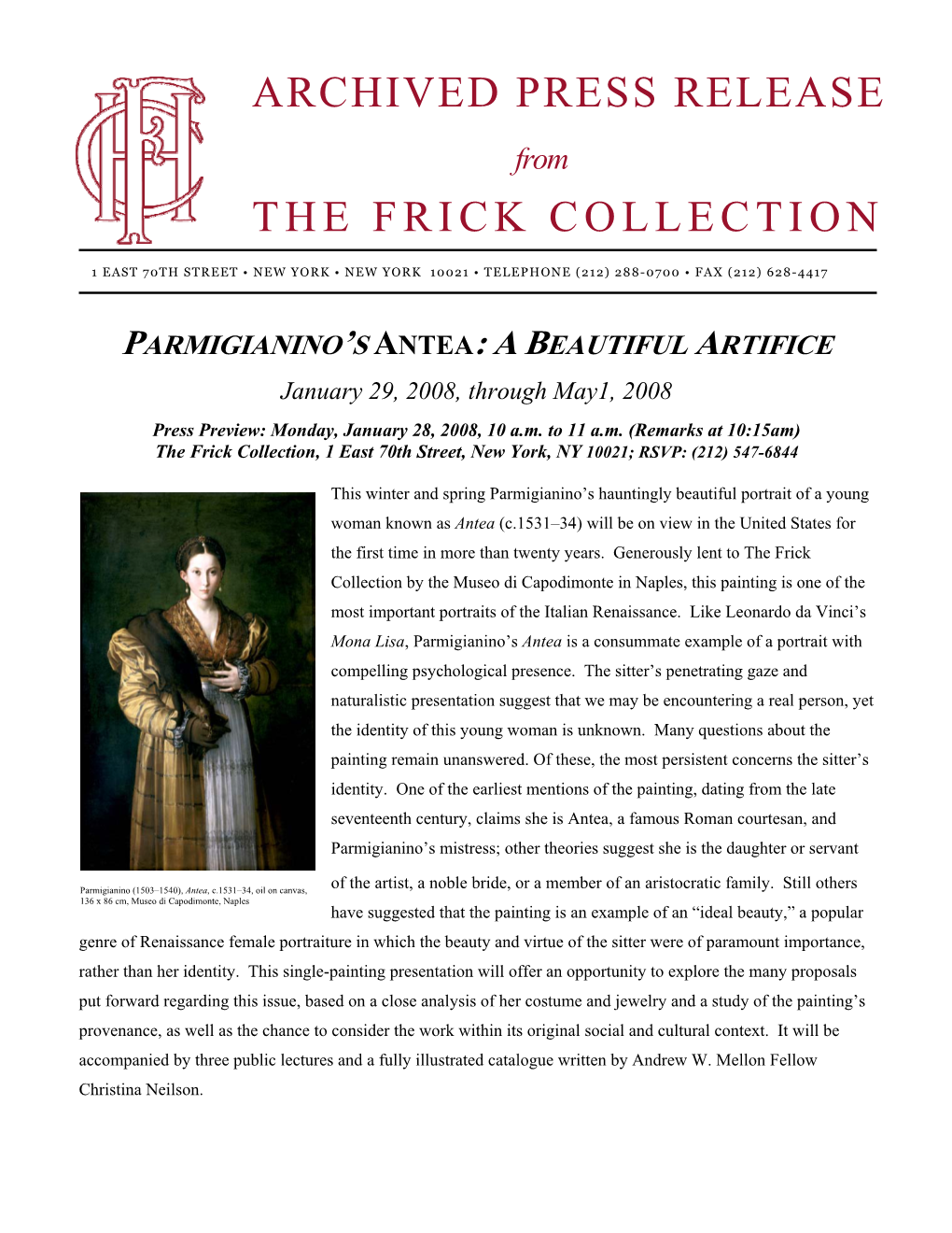 PRESS RELEASE from the FRICK COLLECTION