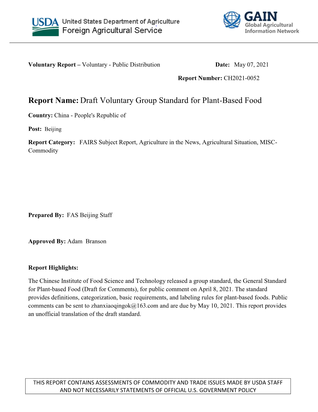 Report Name:Draft Voluntary Group Standard for Plant-Based Food