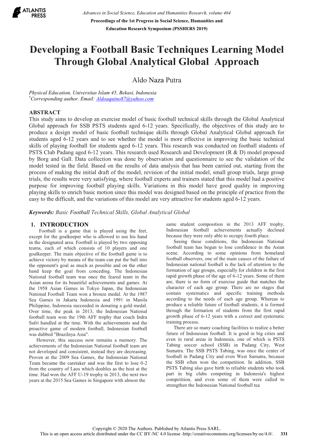 Developing a Football Basic Techniques Learning Model Through Global Analytical Global Approach