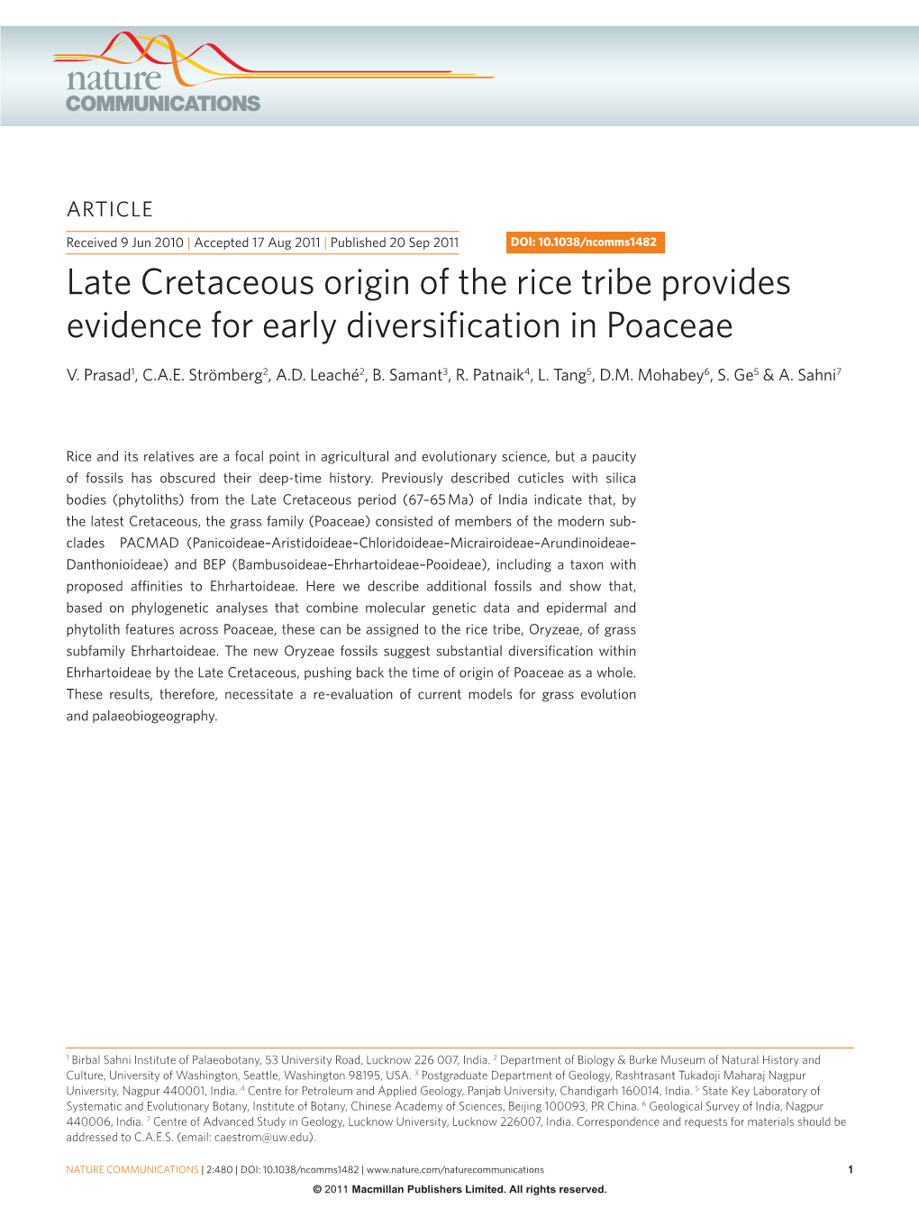 Late Cretaceous Origin of the Rice Tribe Provides Evidence for Early Diversification in Poaceae