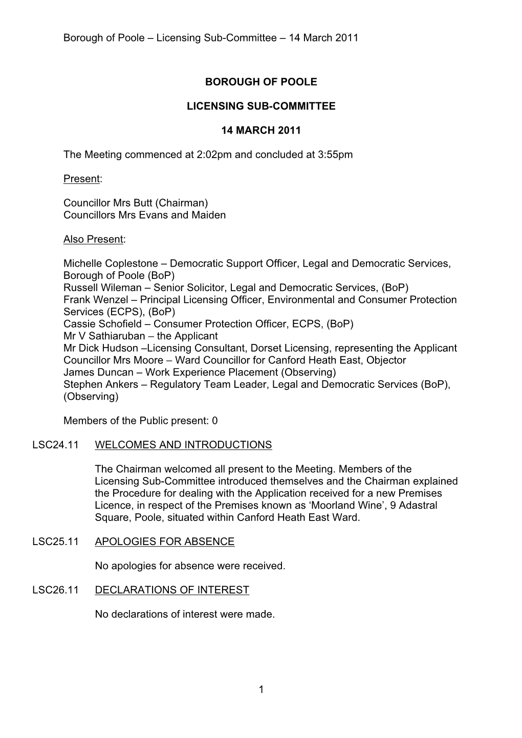 Licensing Sub-Committee – 14 March 2011