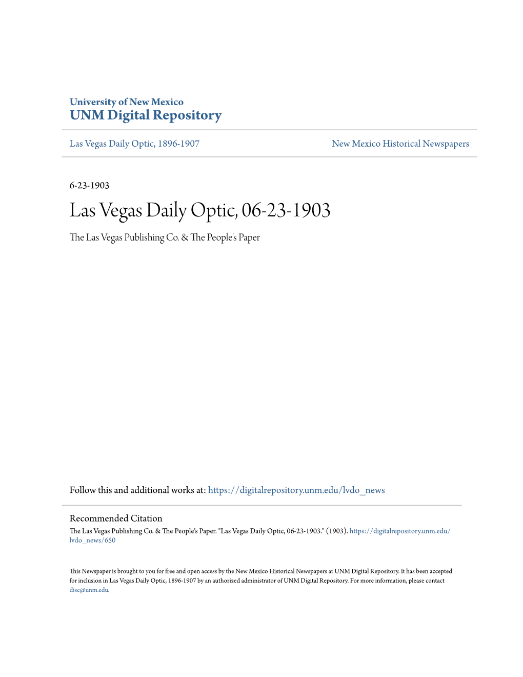 Las Vegas Daily Optic, 06-23-1903 the Las Vegas Publishing Co