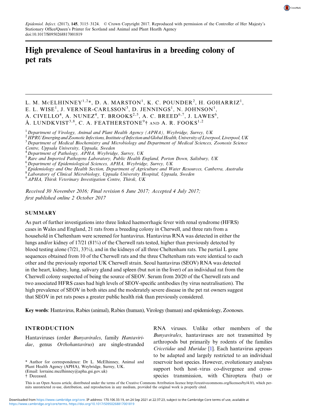 High Prevalence of Seoul Hantavirus in a Breeding Colony of Pet Rats