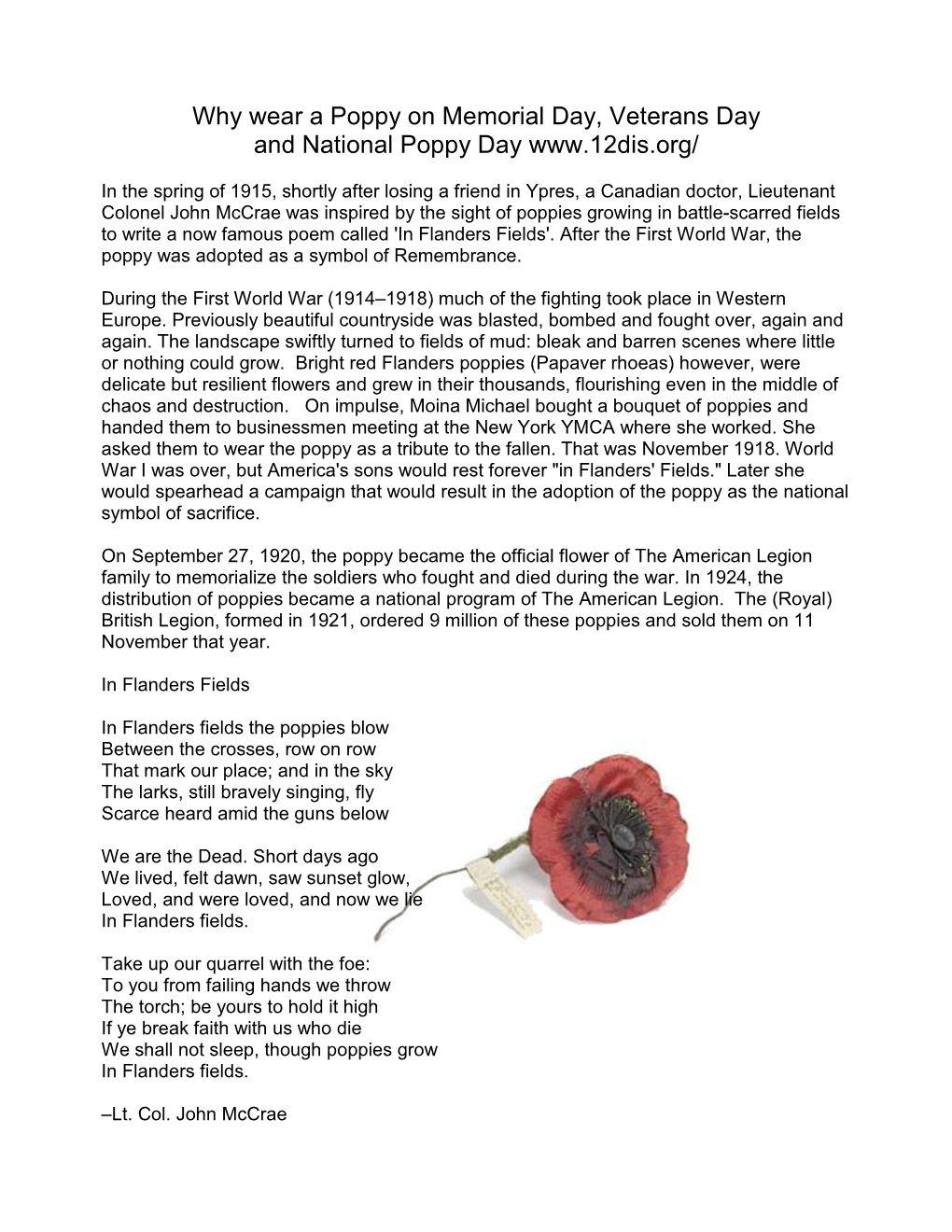 Why Wear a Poppy on Memorial Day, Veterans Day and National Poppy Day